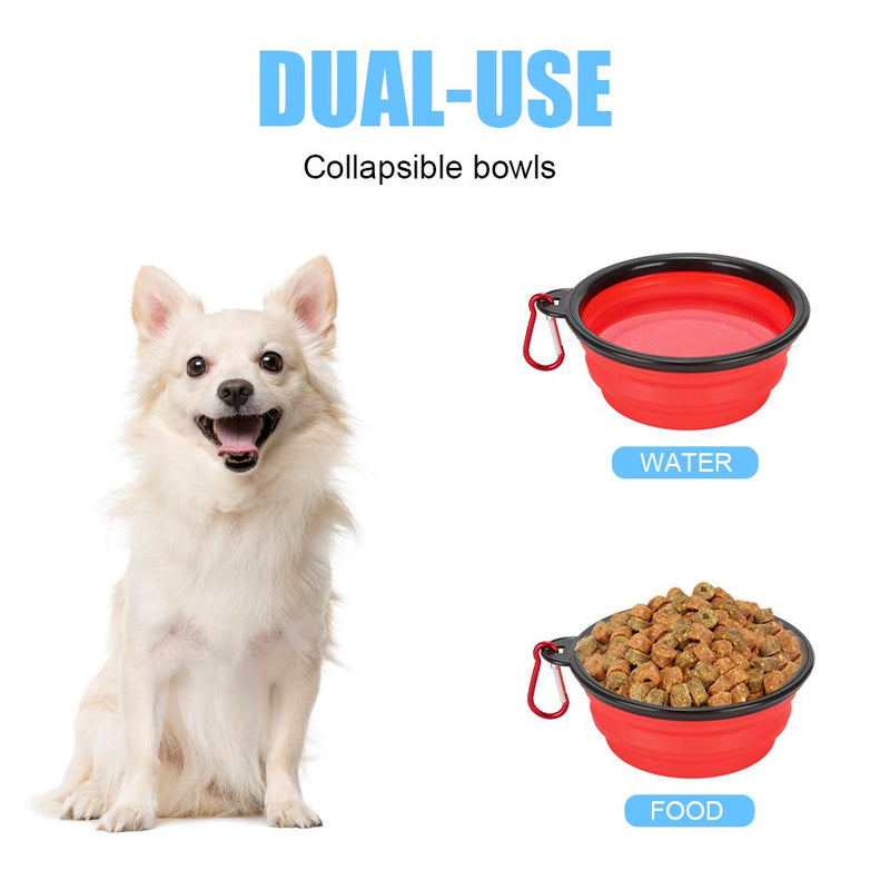 Pack of 2 Large Size Collapsible Dog Bowl, Food Grade Silicone BPA Free, with Carabiner Clip Foldable Expandable Cup Dish for Pet Cat Food Water Feeding Portable Travel Bowl (Blue & Red) Blue & Red