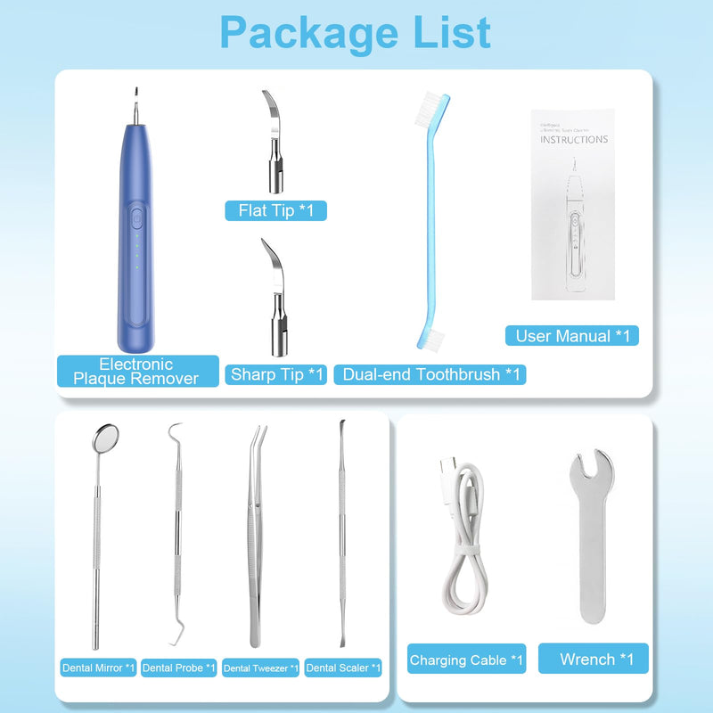 Ultrasonic Dog Teeth Cleaner, 3 Modes Sonic Tooth Cleaner for Dogs, Low Noise Sonic Dog Plaque and Tartar Remover with LED Light, 2 Cleaning Head, Toothbrush, Dental Mirror Probe Tweezer and Scraper Blue