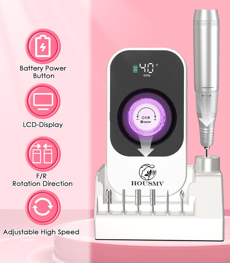 Portable Nail Drill Electric File: 40000RPM Professional Rechargeable Nail E File Machine, Cordless Nail Drill with Bits & Base for Acrylic Nails Remove Nail Gel Polish Manicure for Salon Home, White - BeesActive Australia
