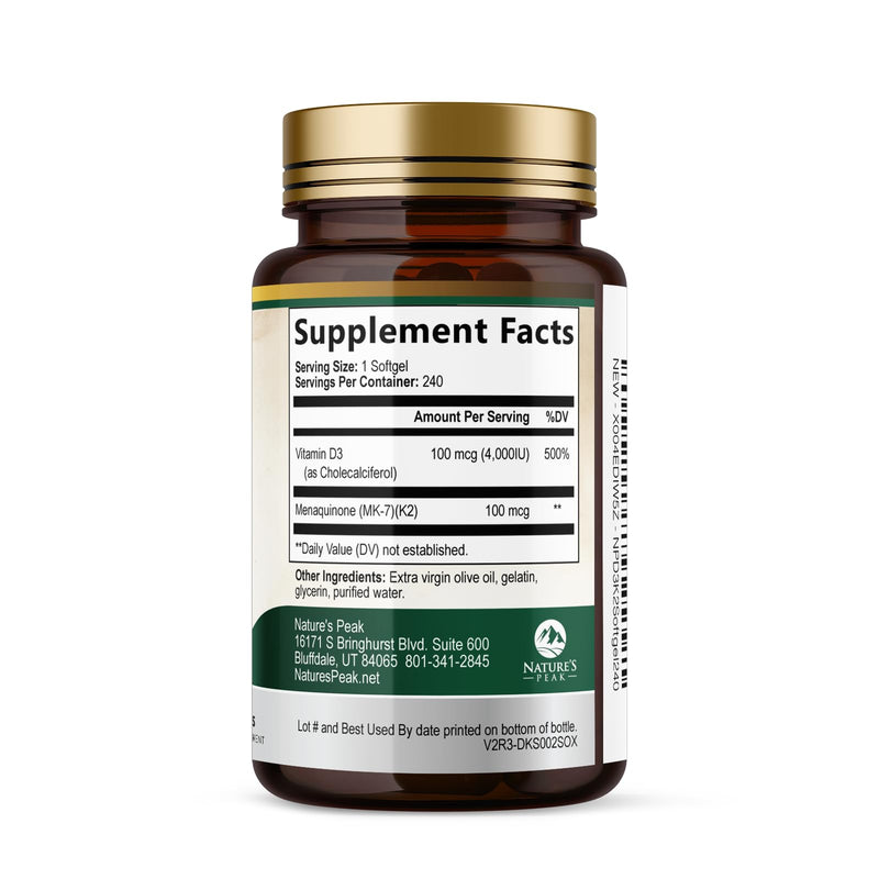 Vitamin D3 K2 - High Potency Vitamin D3 + K2 - 2-in-1 Complex Vitamin D & K2 (MK7) Supplement - Gluten Free - Bone & Immune Support - Vitamin D3 4000 IU Per Softgel - Bottled in the USA - 240 Softgels 240 Count (Pack of 1)