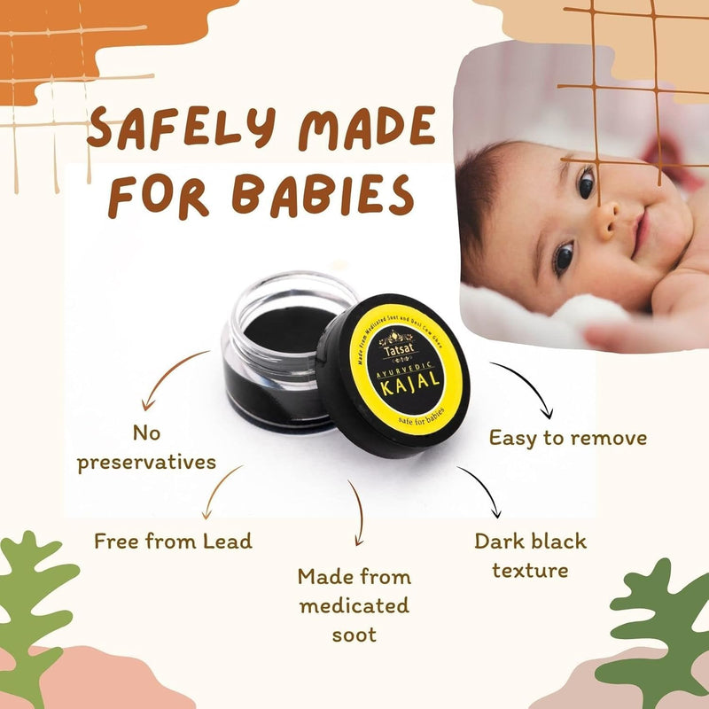 TATSAT - WELLNESS THROUGH AYURVEDA BABY Kajal,Natural,herbal and ayurvedic With Medicated Soot And Desi Cow Ghee|Safe For Babies|Lab Tested|No Preservatives, Black, Matte Finish
