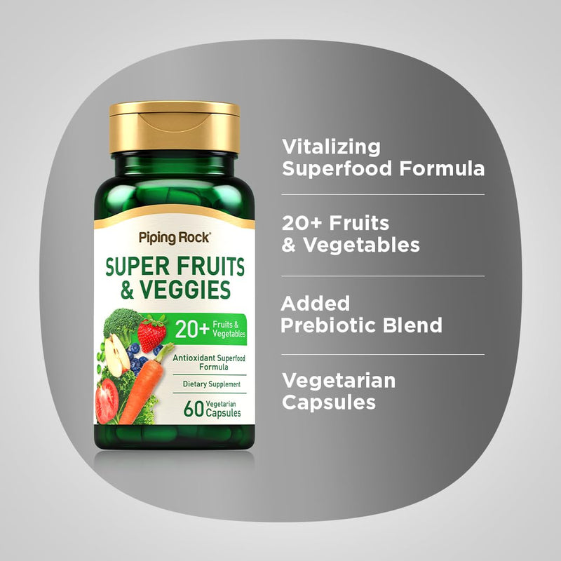 Piping Rock Fruits and Veggies Supplement | 60 Capsules | Superfood Vitamins | with Antioxidant Formula and Prebiotic Blend | Vegan, Non-GMO, Gluten Free 60 Count (Pack of 1)