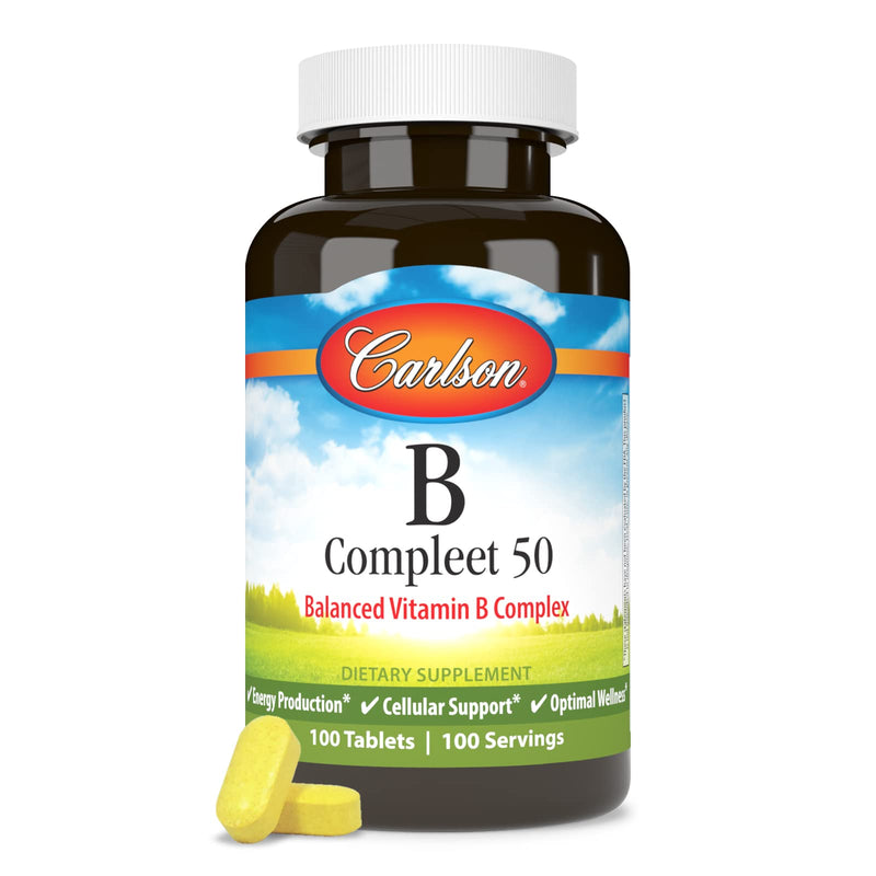 Carlson B Compleet 50, Balanced Vitamin B Complex, 100 Tablets | Energy Production; Cellular Support; Optimal Wellness