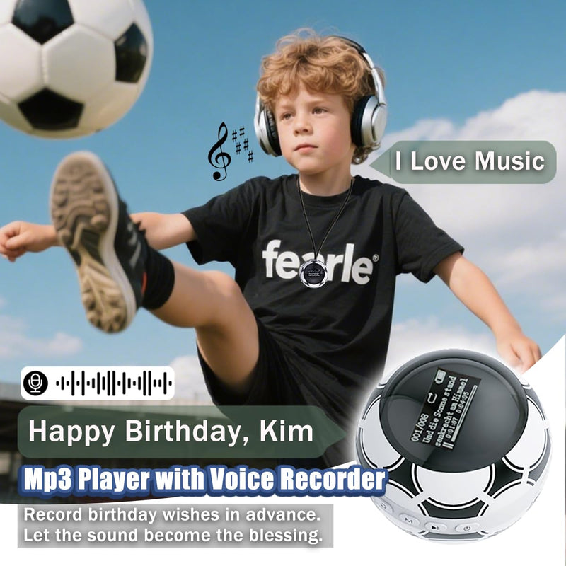 64GB MP3 Player for Kids,MP3 Player with Bluetooth 5.0, Mini Soccer Ball Music Player, Supports Speaker, FM Radio, Recording, and Pedometer Functions, Comes with Headphones and Lanyard
