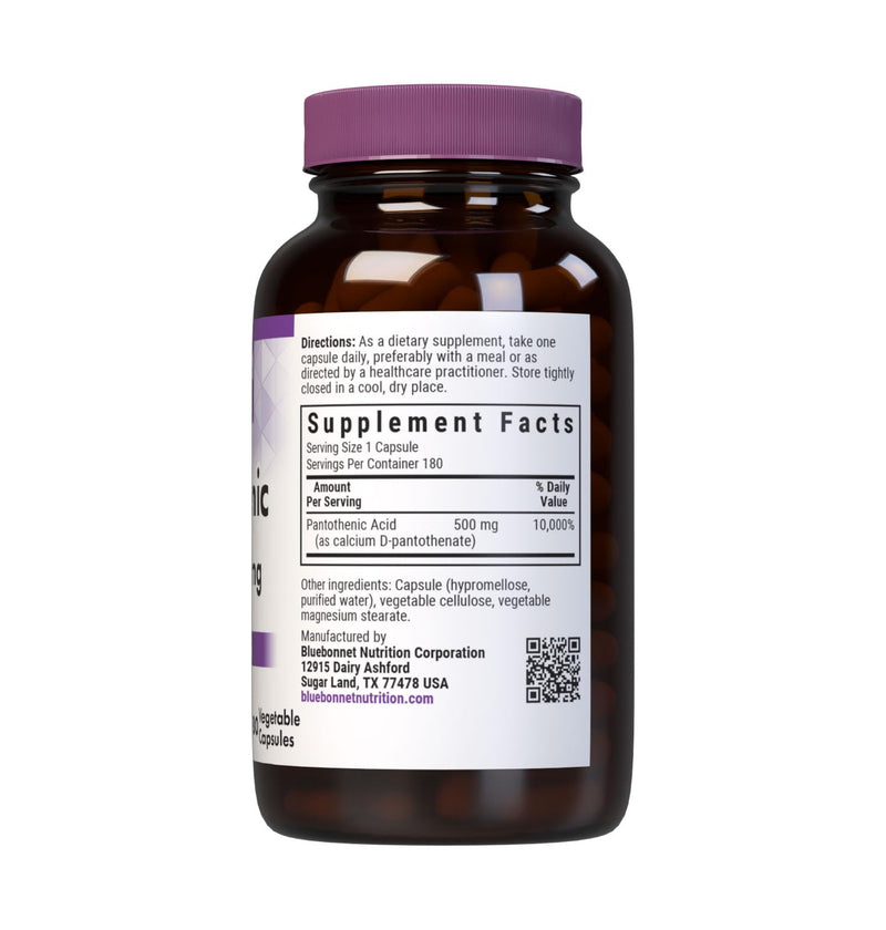 Bluebonnet Pantothenic Acid 500 mg Vegetable Capsules, 180 Count | Non-GMO, Vegan, Gluten-Free 1 180 Count (Pack of 1)