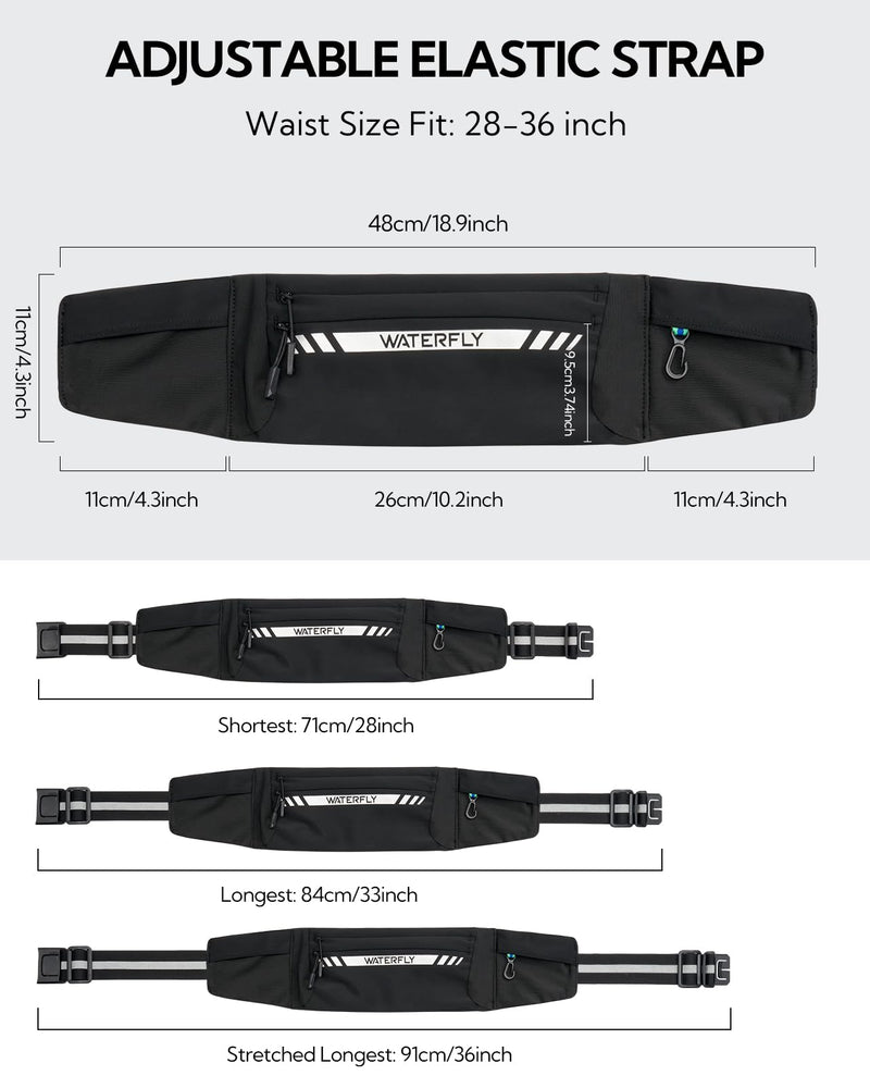 WATERFLY Running Belt Fanny Pack: Slim Breathable 4 Pocket Waist Bag for Men Women Sport Workout Exercise Fitness Phone Holder - Runner Marathon Jogging Waistband Fits ALL Phones Black