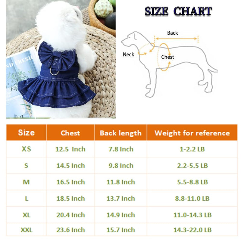 ANIAC Denim Dog Dresses for Small Dogs Puppy Girl Clothes with Leash Ring and Cute Bow Knot Summer Cat Apparel with D-Ring Blue Girl Dog Clothes (Dark Blue,Small) Skirt