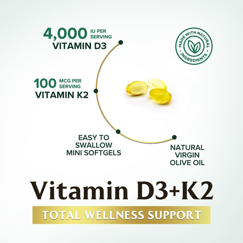 Vitamin D3 4000 IU 100mcg Per Serving - Extra Strength Vitamins D K2 2-in-1 for Bone, Heart, & Muscle Support - Immune Support & Calcium Absorption with Olive Oil - Non-GMO USA Bottled - 240 Softgels 240 Count (Pack of 1)