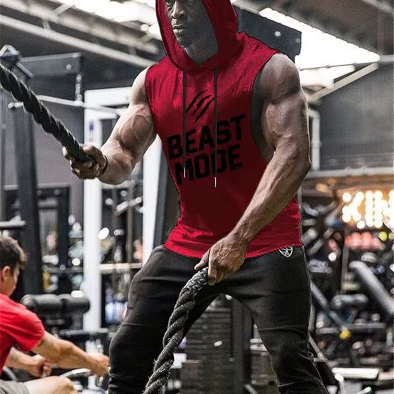 Babioboa Men's Workout Hooded Tank Tops Sports Training Sleeveless Gym Hoodies Bodybuilding Cut Off Muscle Shirts X-Large Wine Beastmode - BeesActive Australia