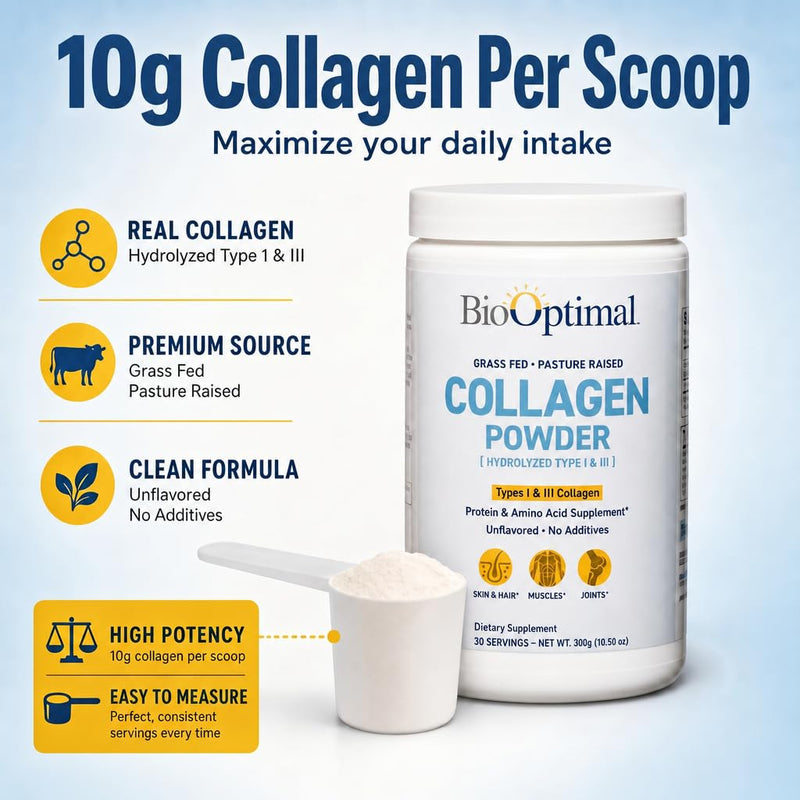BioOptimal Grass-Fed Hydrolyzed Collagen Powder, Unflavored, Skin & Joints | Hydrolyzed Type I & III; 10g per scoop; 30 servings; non-GMO; gluten-free; no sugar or preservatives; GMP certified
