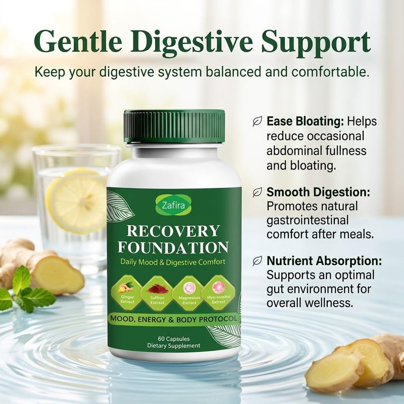 Zafira Organic Recovery Foundation Support, Organic Saffron Extract, Myo-Inositol, Ginger Root, Magnesium, Vitamins D3, B12 & C, Vegan Non-GMO Daily Wellness Supplement for Men & Women, 60 Count.