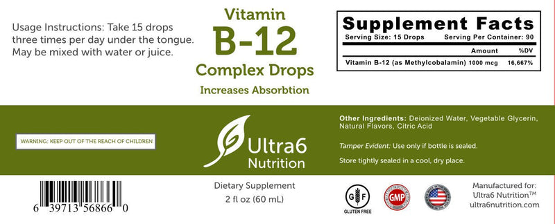 Ultra6 Nutrition Vitamin B12 Sublingual Liquid Drops - B12 Methylcobalamin Supplement Great for Energy & Tiredness - Vitamin-B Supplements for Women & Men - 90 Day Supply 2 Fl Oz (Pack of 1)