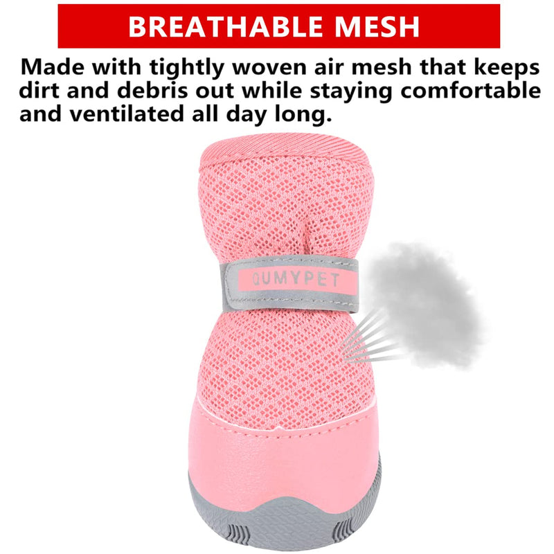 QUMY 4PCS Dog Shoes for Small Dogs, Hot Pavement Summer Puppy Dog Boots & Paw Protectors with Soft Skid-Resistant Rubber Sole, Mesh Breathable Dog Booties for Hardfloors, Walking Running Pink Size 1 0Pink-4PCS size 1: 1.29"x0.98"(L*W) - BeesActive Australia