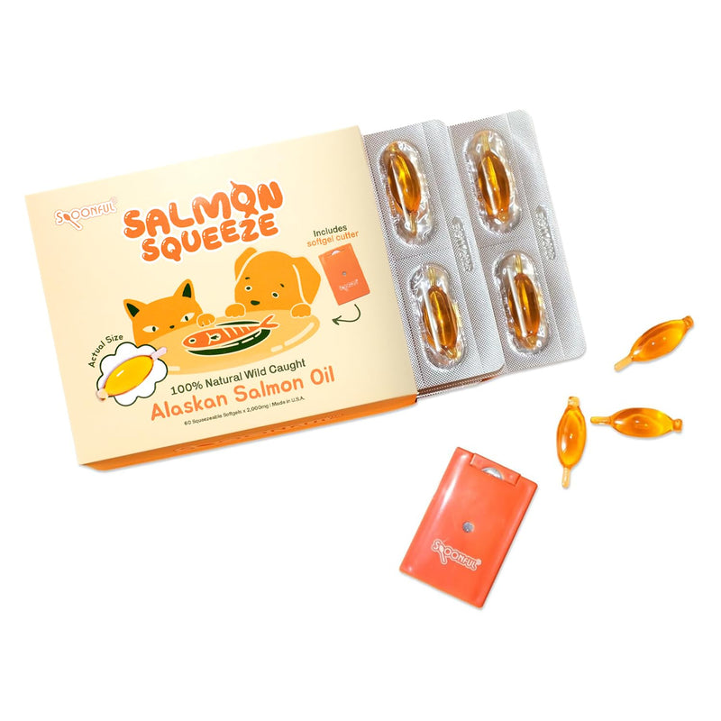 Spoonful Salmon Squeeze - 100% Natural Wild-Caught Alaskan Salmon Oil – 2,000 mg Omega-3 Softgel, 60 Squeezeable Softgels | DHA, EPA & Natural Astaxanthin, Non-GMO, Sustainable, Made in USA (60)