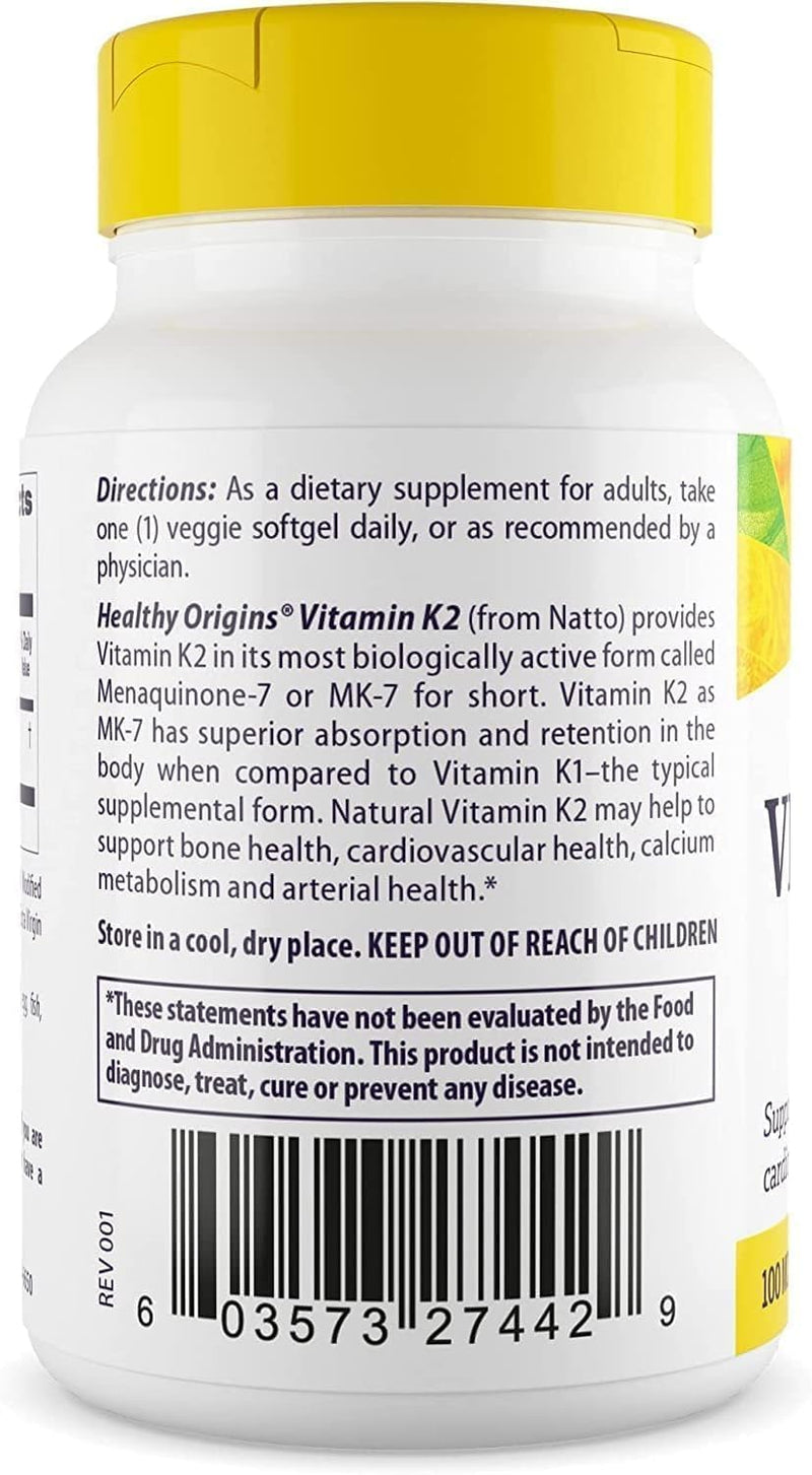 Healthy Origins Vitamin K2 MK-7 100 mcg, 60 Veggie Gels 60 Count (Pack of 1)