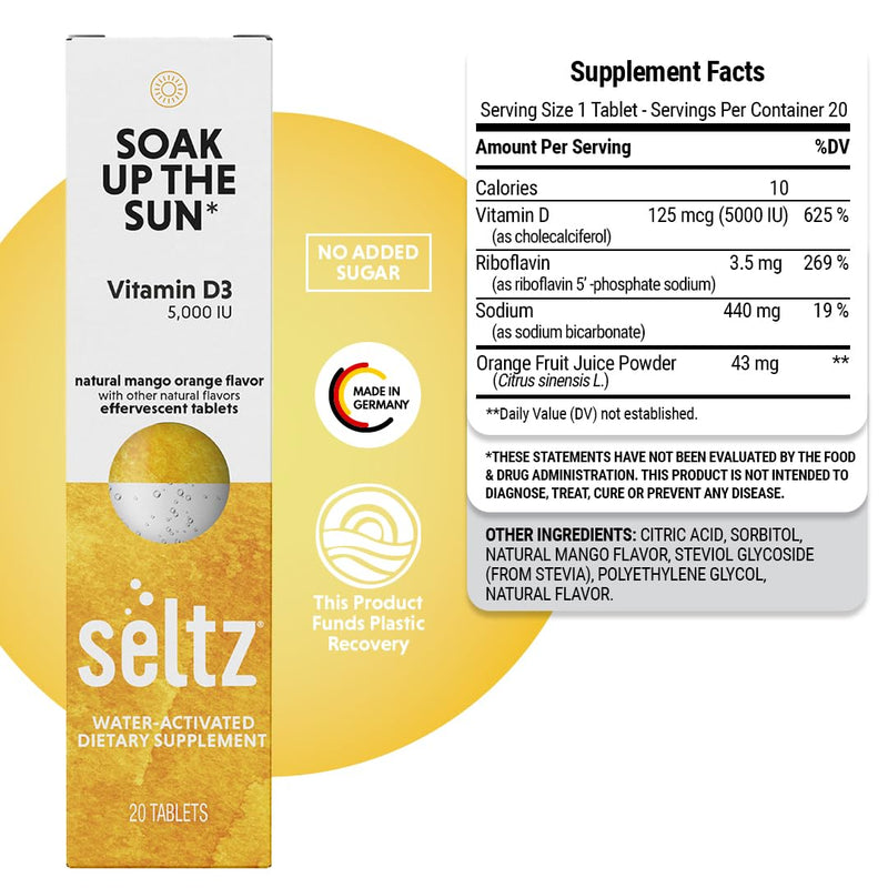 Seltz Vitamin D3 Drink Tablets, Effervescent 5000 IU with Immune Support | Immune Support, Uplifting Support, No Sugar Added, Drop Fizz and Drink, Supports Hydration, 120 Tablets 6 Pack, 5000 IU 120 Tablets (Pack of 6)