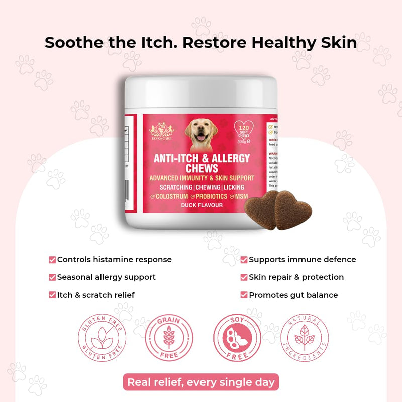 EQ K9 Anti Itch & Allergy Relief for Dogs, Stops Scratching, Paw Licking & Hot Spots, Duck-Flavour Chews, Skin & Coat Relief with Omega 3 & Probiotics, Dog Itchy Skin Relief, Small, Medium, Large Pets