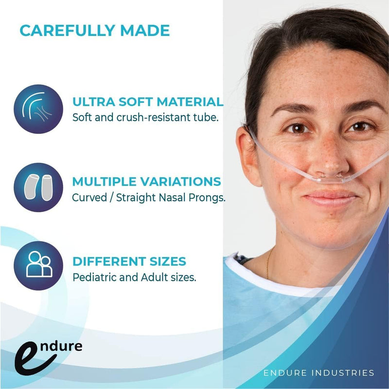 Endure Soft Nasal Oxygen Cannula with Oxygen Supply Tubing, Latex-Free, 7 Ft, Pack of 5 (Adult, Curved Prong) Adult, Curved Prong