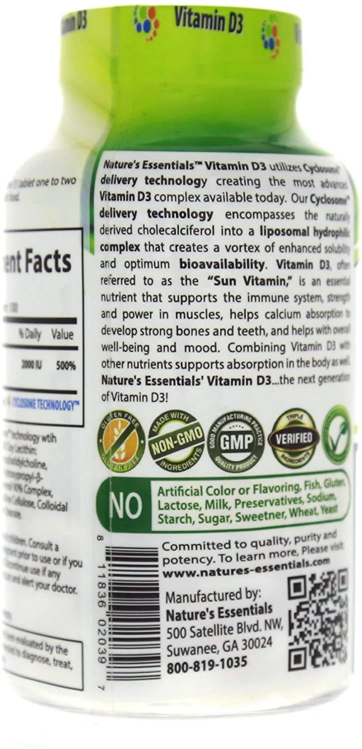 NATURE'S ESSENTIALS Vitamin D3 2000 IU, 100 Tablets | Supports Bone Health, Promotes Muscle Function, Advanced Cyclosome Delivery, Vegetarian