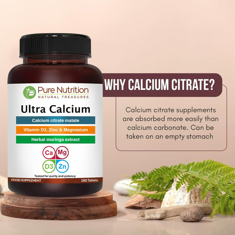 Pure Nutrition Ultra Calcium Citrate 1000mg Highly absorbable Calcium Supplement with Calcium Citrate Malate, Vitamin D, Zinc and Magnesium - 1 Tablet Daily (180 Veg Tabs) Non-GMO | Gluten-Free 1 Count (Pack of 1)