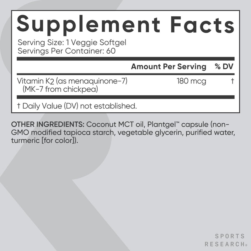 Sports Research Extra Strength Vitamin K2 as MK-7 180mcg with Coconut MCT Oil - 60 Veggie Softgels - Vegan Certified, Non-GMO Verified & Gluten-Free 60 Count (Pack of 1) - BeesActive Australia