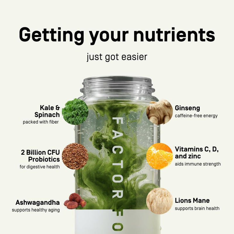 FACTOR FORM Daily Greens Superfood Powder | 5 Functional Blends for Gut Health, Energy & Immunity | Prebiotics, Probiotics, Adaptogens, B Vitamins (30 Servings, Jar) 8.1 Ounce (Pack of 1)