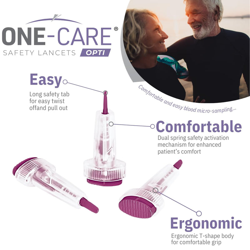 MediVena ONE-CARE Safety Lancets, 30G x 1.5mm, Push Button Activation, Gentle, Pre-Loaded, 3-Steps Only, Diabetes Testing, Sterile, Finger Self Prick Device, Glucose Monitor, Single Use, 100/Box - BeesActive Australia