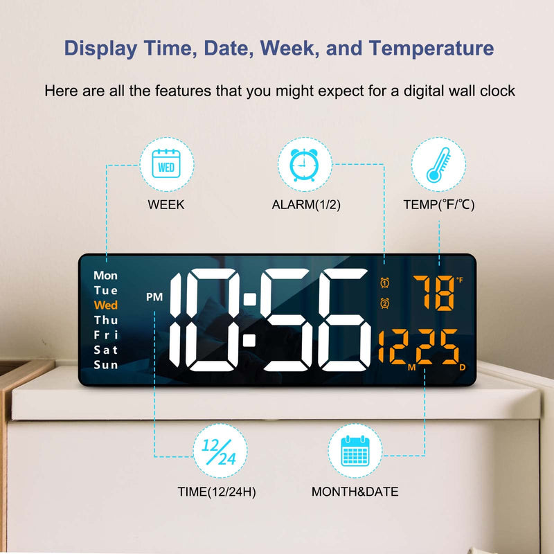 Digital Wall Clock Large Display, 16.2 Inch , LED Digital Clock with Remote Control for Living Room Decor, Automatic Brightness Dimmer with Date Week Temperature (Orange) Orange