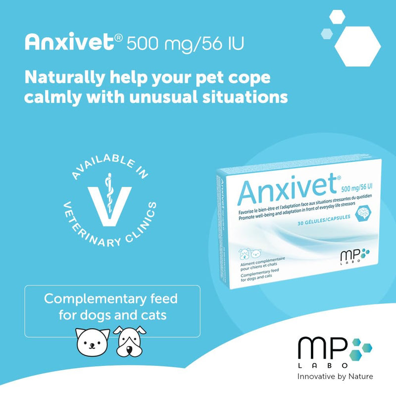 MP Labo Anxivet - Promotes Well-being and Adaptation to Stressful Daily Situations for Dogs and Cats (500 mg 56 IU 30 Capsules) 500 mg 56 IU 30 capsules