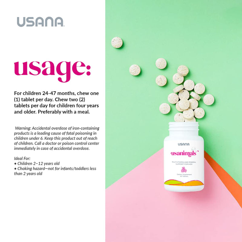 USANA - Usanimals Multivitamin for Kids - 56 Chewable Tablets | Features Vitamins A, C, D, E, B6, B12, Zinc, Iron, Calcium, Magnesium and Choline Animal-Shaped Chewables For Kids Ages 2–12
