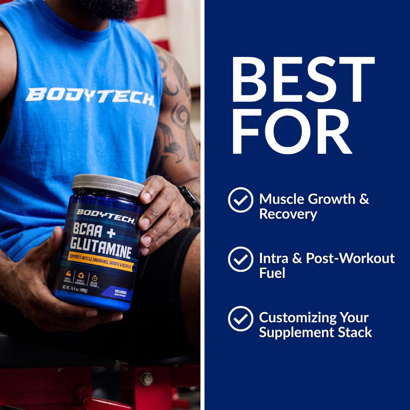 BodyTech BCAA + Glutamine Powder, Unflavored, 14.4 Oz, 59 Servings | Vitamin C, L Glutamine & More, Essential Pre Workout or Post Workout Amino Acids for Men & Women 14.4 Ounce (Pack of 1)