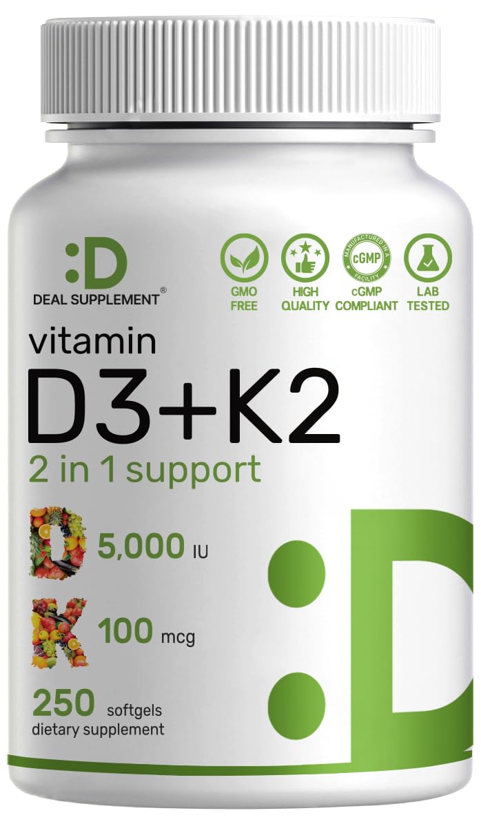 DEAL SUPPLEMENT 2 Pack Vitamin D3 5,000 IU + K2 MK7 Softgels, 500 Count | 2-in-1 Complex | Supports Heart, Bone, Teeth & Immune Health | Easy to Swallow 250 Count (Pack of 2)