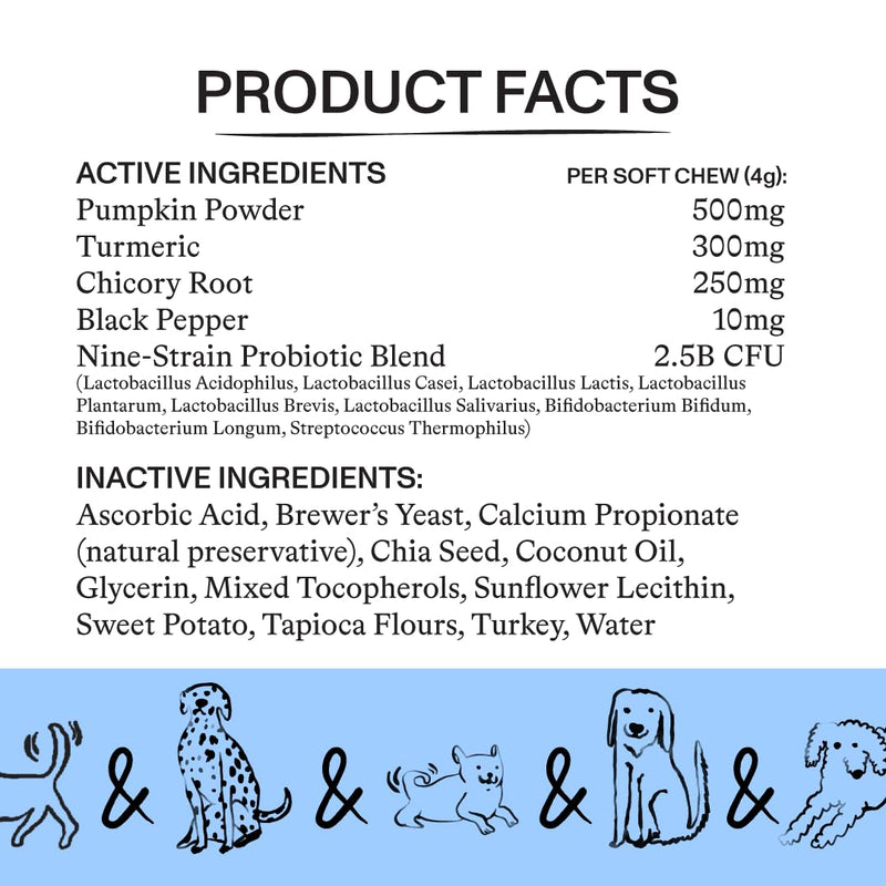 Spot & Tango Probiotics Supplements for Dogs - Vet-Approved for Healthy Digestion and Balanced Gut - Pumpkin, Turmeric, Chicory Root, Black Pepper, Nine-Strain Probiotic Blend, 56 Count