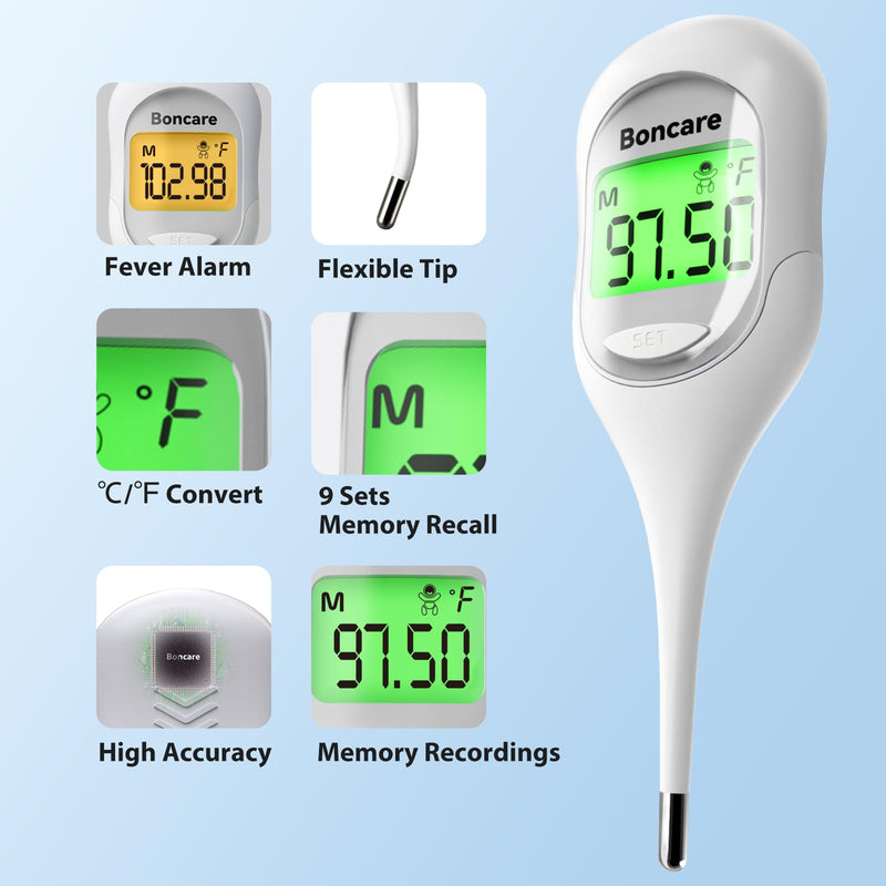 Boncare 9 Seconds Basal Body Thermometer for Ovulation, Oral Thermometer for Adults and Kids - Accurate Rectal Thermometer, with Fever Alarm and Large Display (Rice-White) White - BeesActive Australia