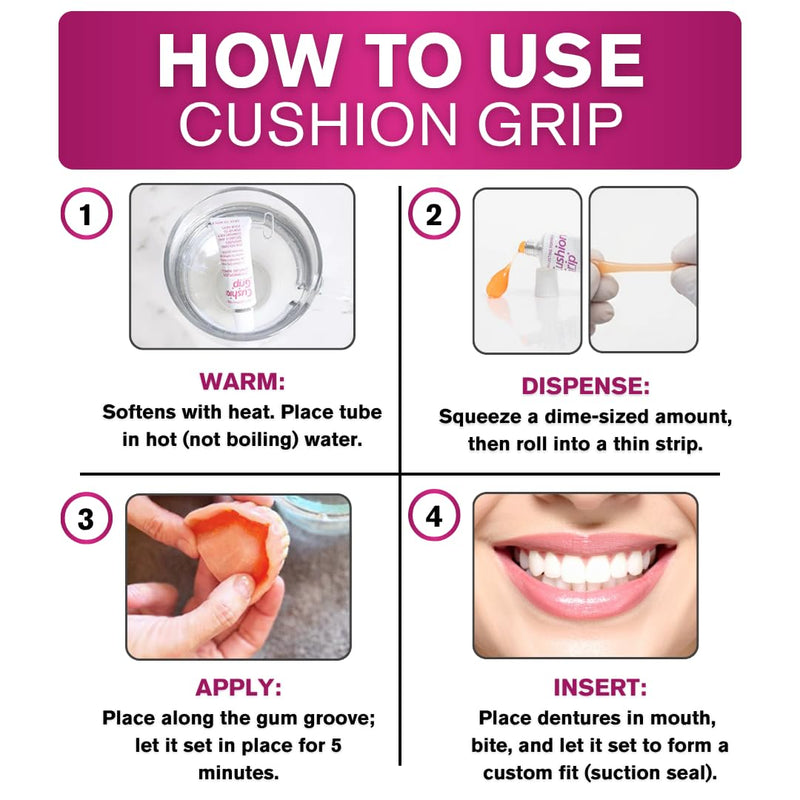 Cushion Grip Thermoplastic Denture Adhesive - Refits & Tightens Dentures 3 Pack