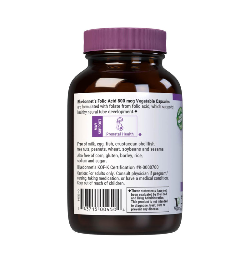 Bluebonnet Nutrition Folic Acid 800mcg, Healthy Neurological Development*, Soy-Free, Gluten-Free, Non-GMO, Kosher Certified, Dairy-Free, Vegan, 90 Vegetable Capsules | Prenatal & Postnatal Health; Non-GMO, Vegan, Kosher Certified, Gluten-Free, Soy-Free...