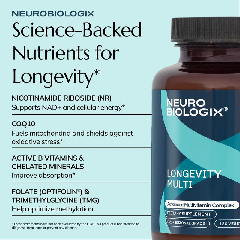 Neurobiologix Longevity Multi Multivitamin, NR & CoQ10, 120 Capsules | for Men & Women, Over 40 Vitamins & Minerals, Iron-Free, Active B, Energy Support
