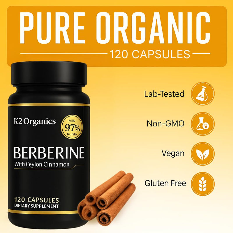 Berberine with Ceylon Cinnamon 1200mg ‚Äì 97% Purity- Non-GMO, Gluten-Free, Lab-Tested Vegan Berberine Supplement (120 Count) 120 Count (Pack of 1)