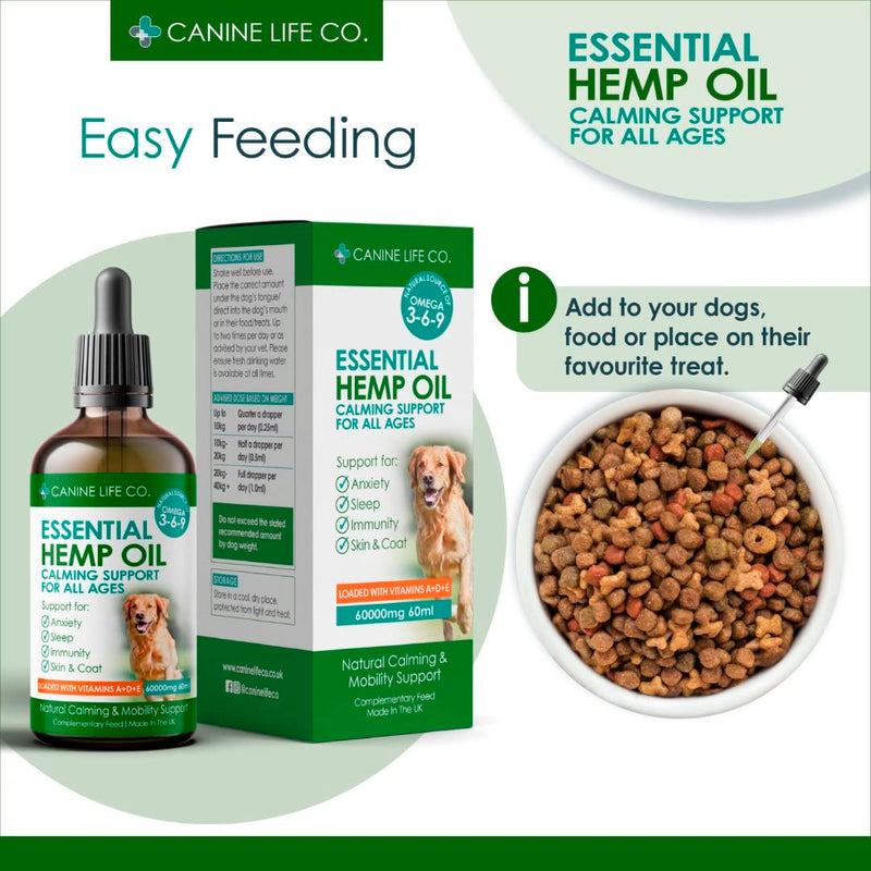 Canine Life Co.® Hemp Oil For Dogs 60ml, 60,000mg - Dog Calming Supplement - Dog Calming Drops - Omega 3,6,9 For Dogs - Supports & Maintains Healthy Joints - Made In The UK (1 Pot 60ml) 1 Pot (60ml)