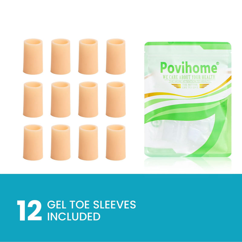 Povihome Toe Sleeves, Toe Protectors, 12 Pack Toe Tube Pads for Hammer Toe,Stubbed Toe,Corns, Calluses Protect (Medium Size, Beige) Medium Size