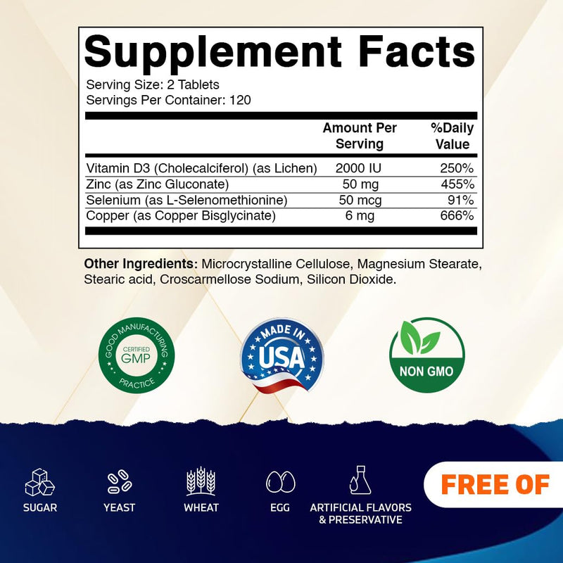 Vitamatic Copper Bisglycinate 6 mg Made with Vitamin D3 2000 IU, Zinc 50mg, Selenium 50mcg - 240 Tablets - Non-GMO & Gluten Free