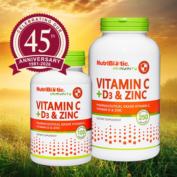 NutriBiotic – Vitamin C + Vitamin D3 & Zinc, 100 Capsules | Potent, Comprehensive Immune Support | Essential & Antioxidant Daily Supplement | Gluten & GMO Free 100 Count (Pack of 1)