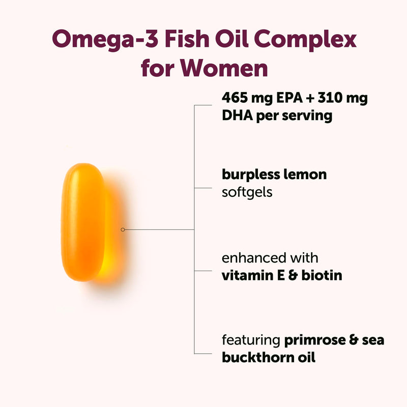 Micro Ingredients Omega-3 Fish Oil Complex for Women, 240 Softgels | EPA DHA + Omega-7 | with Vitamin E, Evening Primrose Oil, Biotin, Sea Buckthorn Oil | Lemon Flavor | Non-GMO, Gluten Free