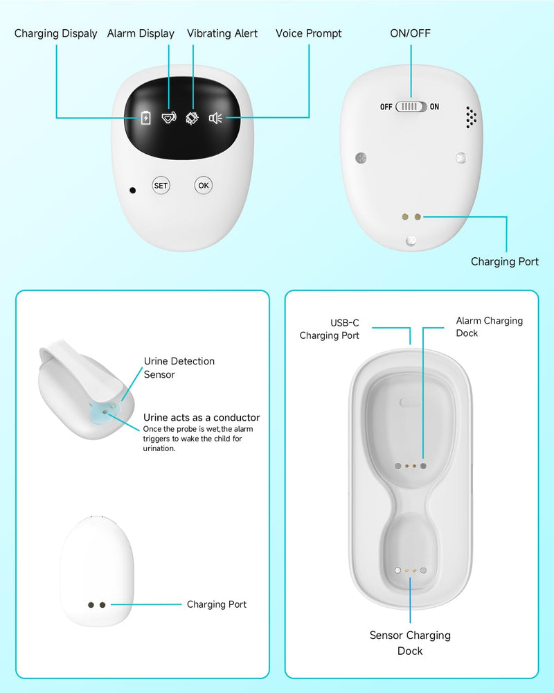 Wireless Bedwetting Alarm for Boys and Girls, Bed Wetting Alarm with USB Rechargeable Sensor, High-Sensitivity Sensor for Bedwetting with 3 Alert Modes‚Äì White