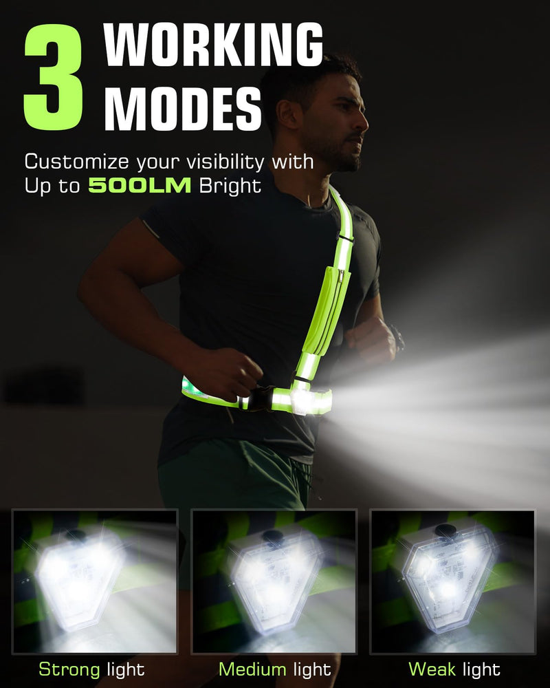 Zacro Reflective Running Vest with 9 RGB Modes, 500LM High Visibility Chest Light for Runners, Rechargeable Light Up Running Gear for Night Safety Cycling Hiking Dog Walking Adjustable for Men Women with Phone Bag - BeesActive Australia
