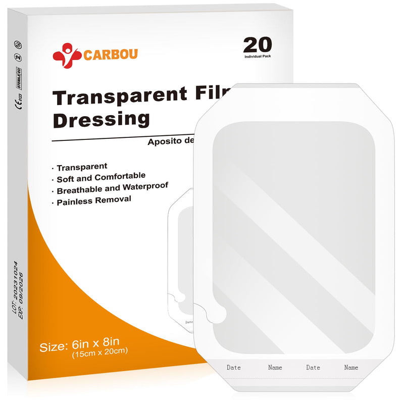 Carbou Transparent Film Dressing,6" x 8" Pack of 20 Waterproof Wound Bandage Adhesive Patches,Post Surgical Shower or IV Shield,Tattoo Aftercare Bandage 6 x 8 Inch(Pack of 20) - BeesActive Australia
