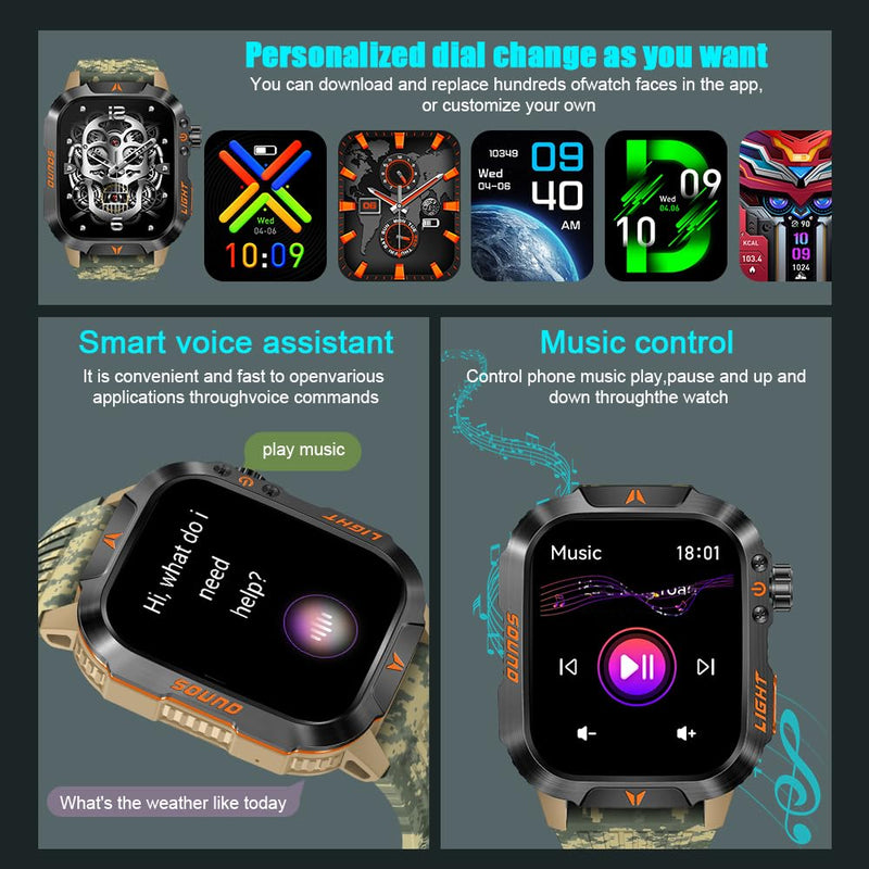 QTLLBT Military Outdoor Watch Altimeter Barometer Compass Tactical Smart Fitness Watch Heart Rate Sleep Monitor 100+ Sport Modes Fitness Available for Android and iOS (Camouflage Yellow) Camo Yellow - BeesActive Australia