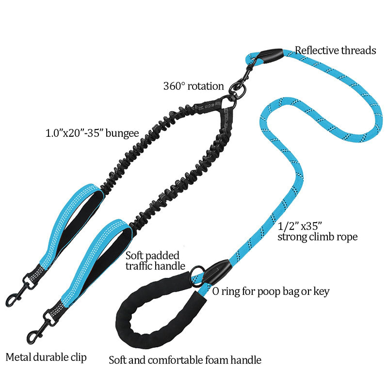 Double No Tangle Dog Leash 360° Swivel Reflective Rope Leash with Two Padded Handle Shock Absorbing Bungee Leash Walking Training Leash for Medium Large Dogs M(35" rope+20"-35"bungee) Black - BeesActive Australia