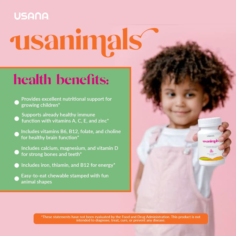 USANA - Usanimals Multivitamin for Kids - 56 Chewable Tablets | Features Vitamins A, C, D, E, B6, B12, Zinc, Iron, Calcium, Magnesium and Choline Animal-Shaped Chewables For Kids Ages 2–12