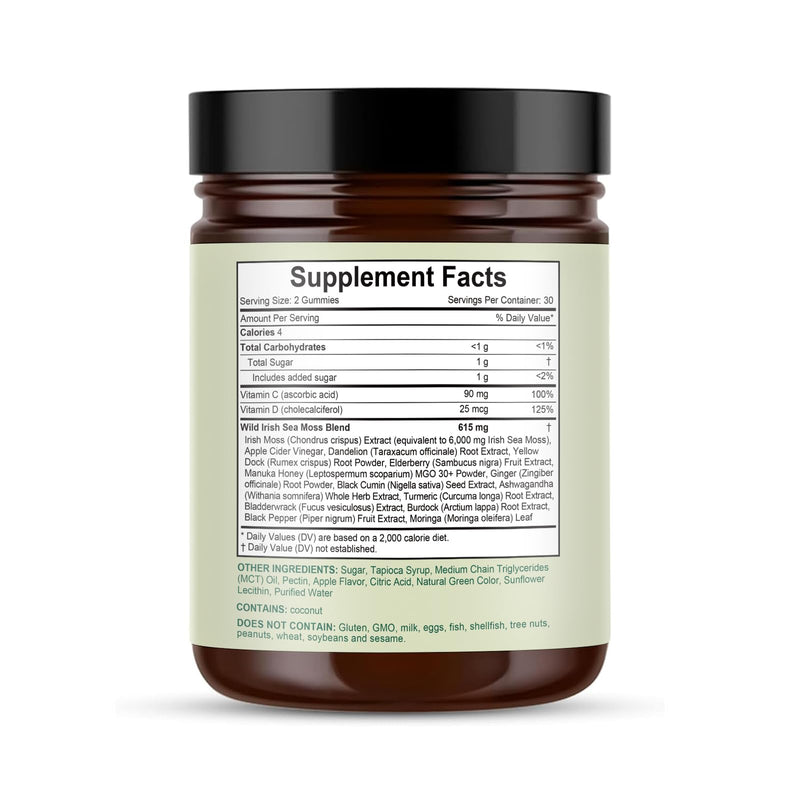 Sea Moss Gummies, 16-in-1 Blend with Ashwagandha, Black Seed Oil, Bladder Wrack, Turmeric, Vitamin C & D3, Manuka Honey, Burdock Root, Dandelion, Yellow Dock, Elderberry - Green Apple Flavor